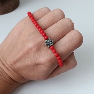 David Yurman Red Coral Star of David Sterling Silver 4mm Beaded Bracelet